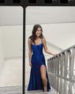 Trumpet/Mermaid Scoop Neck Silk-like Satin Sweep Train Prom Dresses With Ruched