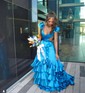 A-line V-neck Silk-like Satin Sweep Train Prom Dresses With Ruffles