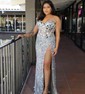 Trumpet/Mermaid V-neck Velvet Sequins Sweep Train Prom Dresses With Split Front