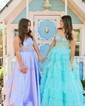 Ball Gown/Princess V-neck Tulle Glitter Sweep Train Prom Dresses With Appliques Lace