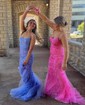 Trumpet/Mermaid Sweep Train Scoop Neck Tulle Lace Appliques Lace Prom Dresses