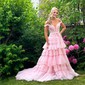 A-line Off-the-shoulder Tulle Glitter Sweep Train Prom Dresses With Appliques Lace