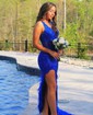 Sheath/Column V-neck Glitter Asymmetrical Prom Dresses With Appliques Lace