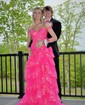 Ball Gown/Princess Off-the-shoulder Tulle Sweep Train Prom Dresses With Appliques Lace