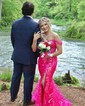 Trumpet/Mermaid Off-the-shoulder Sequined Sweep Train Prom Dresses With Appliques Lace