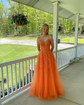 Ball Gown/Princess V-neck Tulle Sweep Train Prom Dresses With Appliques Lace