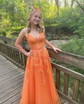 Ball Gown/Princess V-neck Tulle Sweep Train Prom Dresses With Appliques Lace