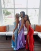 Sheath/Column Sweetheart Silk-like Satin Sweep Train Prom Dresses With Beading