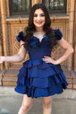 Unique Blue Skater Taffeta Tiered Ruffle Homecoming Dresses