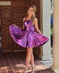 Unique Skater Metallic Pleated Cut Out Homecoming Dresses