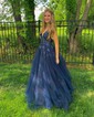 Ball Gown/Princess Sweep Train V-neck Tulle Appliques Lace Prom Dresses