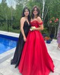 A-line V-neck Silk-like Satin Sweep Train Appliques Lace Prom Dresses