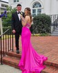 Trumpet/Mermaid One Shoulder Jersey Sweep Train Prom Dresses With Ruched