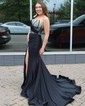 Trumpet/Mermaid One Shoulder Jersey Sweep Train Prom Dresses With Ruched