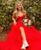 Ball Gown/Princess Sweetheart Tulle Glitter Sweep Train Prom Dresses With Appliques Lace