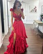 A-line V-neck Silk-like Satin Sweep Train Prom Dresses With Ruffles