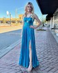 A-line Halter Metallic Sweep Train Prom Dresses With Ruched