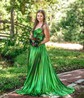 A-line Cowl Neck Metallic Sweep Train Prom Dresses With Ruched