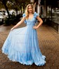 A-line V-neck Chiffon Sweep Train Prom Dresses With Ruched