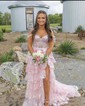 Ball Gown V-neck Lace Tulle Sweep Train Appliques Lace Prom Dresses