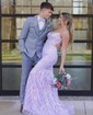 Trumpet/Mermaid V-neck Glitter Sweep Train Prom Dresses With Appliques Lace