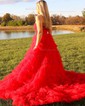 Ball Gown/Princess One Shoulder Tulle Sweep Train Prom Dresses With Lace