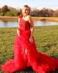 Ball Gown/Princess One Shoulder Tulle Sweep Train Prom Dresses With Lace