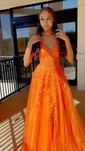 Ball Gown/Princess V-neck Tulle Glitter Sweep Train Prom Dresses With Appliques Lace