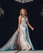 A-line Halter Metallic Sweep Train Prom Dresses With Ruched