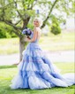 Ball Gown/Princess Halter Tulle Glitter Sweep Train Prom Dresses With Appliques Lace