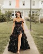 Ball Gown/Princess Off-the-shoulder Tulle Sweep Train Prom Dresses With Appliques Lace