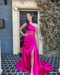 Trumpet/Mermaid One Shoulder Silk-like Satin Sweep Train Prom Dresses With Ruched