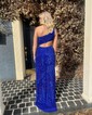 Sheath/Column One Shoulder Sequined Sweep Train Prom Dresses With Split Front