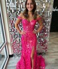 Trumpet/Mermaid Off-the-shoulder Sequined Sweep Train Prom Dresses With Appliques Lace