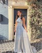 A-line Halter Metallic Sweep Train Prom Dresses With Ruched