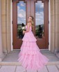 Ball Gown/Princess V-neck Tulle Glitter Sweep Train Prom Dresses With Tiered