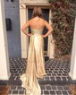 Sheath/Column Cowl Neck Silk-like Satin Sweep Train Prom Dresses With Appliques Lace