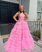 Ball Gown/Princess Straight Glitter Sweep Train Prom Dresses With Tiered