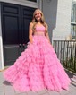 Ball Gown/Princess Straight Glitter Sweep Train Prom Dresses With Tiered