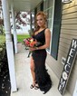 Sheath/Column V-neck Glitter Asymmetrical Prom Dresses With Appliques Lace