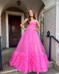 Ball Gown/Princess Sweetheart Tulle Glitter Sweep Train Prom Dresses With Ruched