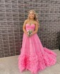 Ball Gown/Princess Sweetheart Tulle Glitter Sweep Train Prom Dresses With Ruched