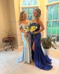 Trumpet/Mermaid Off-the-shoulder Silk-like Satin Sweep Train Prom Dresses With Ruched