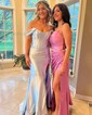 Trumpet/Mermaid Off-the-shoulder Silk-like Satin Sweep Train Prom Dresses With Ruched