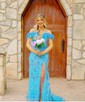 Trumpet/Mermaid Off-the-shoulder Lace Tulle Sweep Train Prom Dresses With Flower(s)