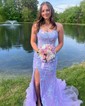 Trumpet/Mermaid Scoop Neck Tulle Glitter Sweep Train Prom Dresses With Appliques Lace