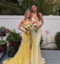 Trumpet/Mermaid V-neck Lace Sweep Train Prom Dresses With Appliques Lace