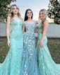 Trumpet/Mermaid V-neck Lace Sweep Train Prom Dresses With Appliques Lace