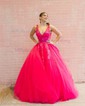 Ball Gown/Princess Sweep Train V-neck Tulle Appliques Lace Prom Dresses