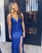 Sheath/Column Sweep Train V-neck Sequined Appliques Lace Prom Dresses